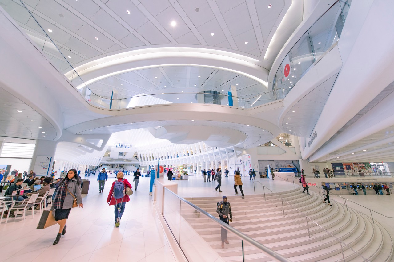 Customers walking through the Oculus and Path Fare Zone  at the World Trade Center