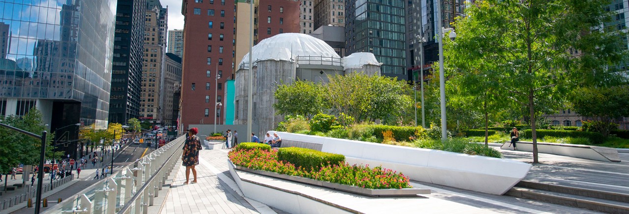 Looking east from Liberty Park toward the Greek Church at the World Trade Center